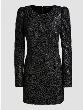 Guess by Marciano Black Lace-Overlay Long Sleeve Mini Dress